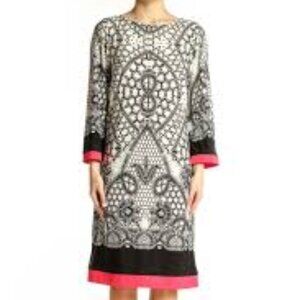 Eliza J Shift Dress Black Ivory Print Coral Trim Short Sleeve Size 6